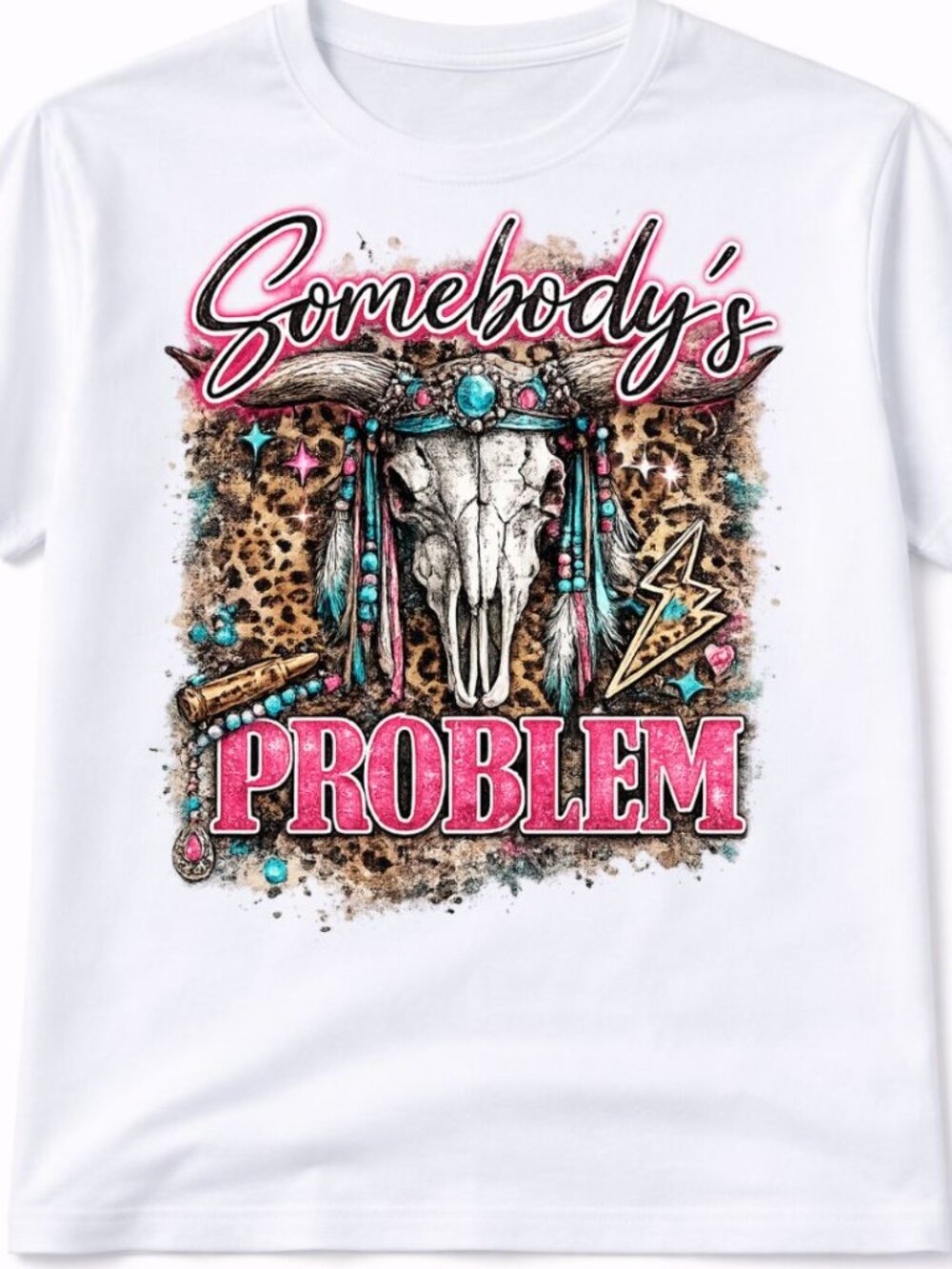 Problem Western Bull Skull Graphic T Shirt Trendy Boutique Style Tee Womens Tops